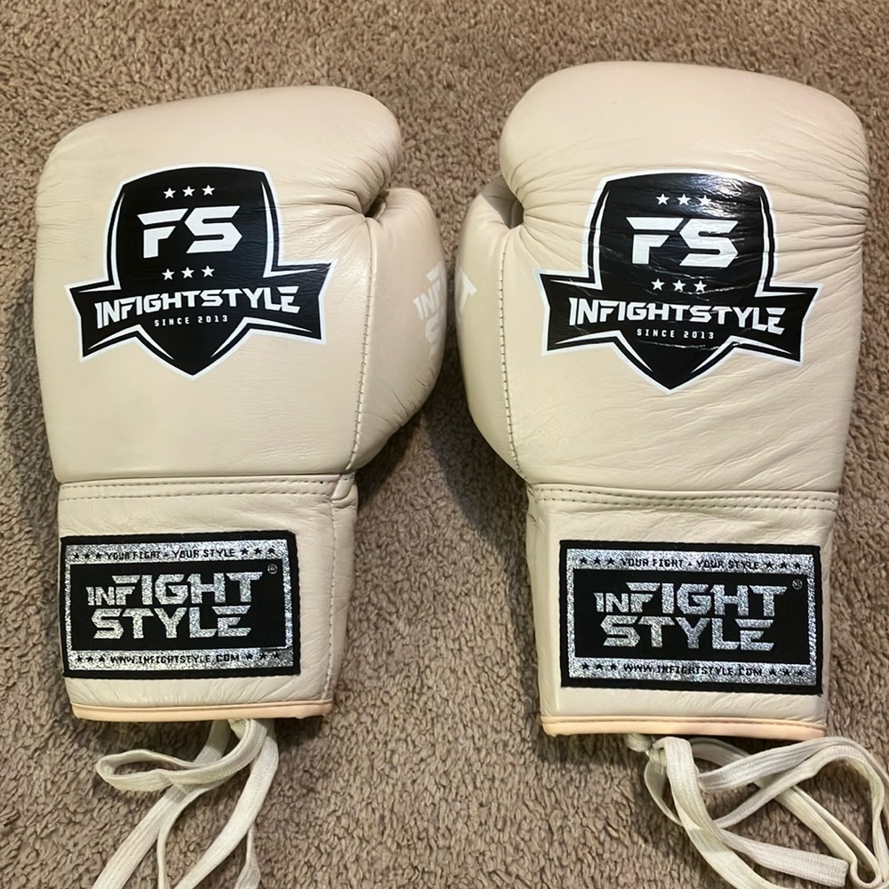 Gently Used Beige Lace Up InFightStyle Muay Thai Boxing Gloves 10oz